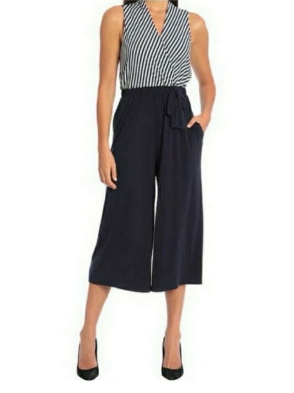 Sandra Darren Striped V-Neck Top with Navy Wide-Leg Jumpsuit